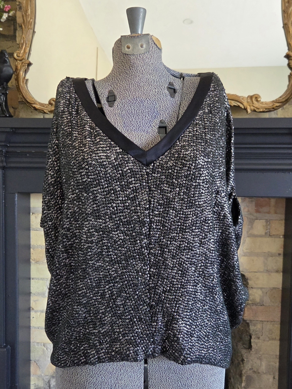 Obakki Black Metallic V-Neck Sweater with Satin Trim